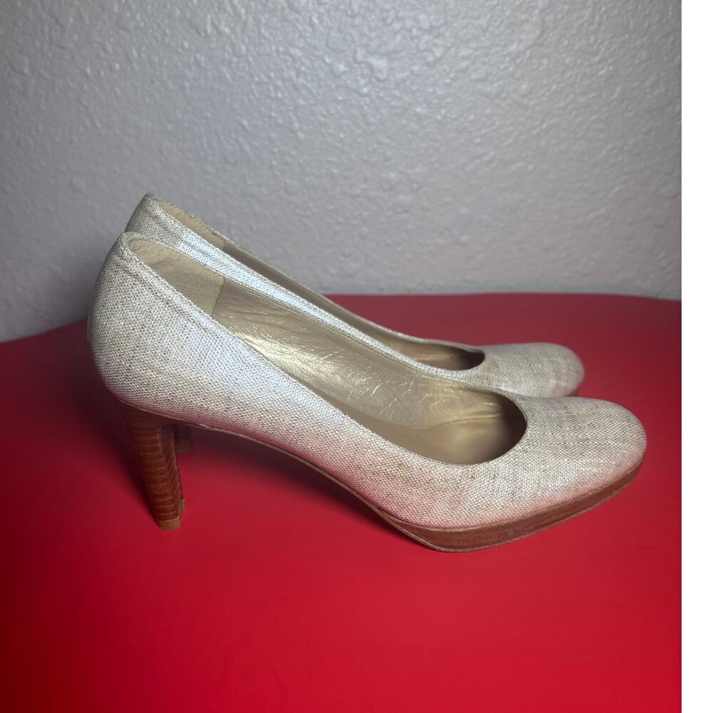 Stuart Weitzman Blog Pale Golden Linen Platforms Pumps size 7.5 Slim/Narraw NWTS